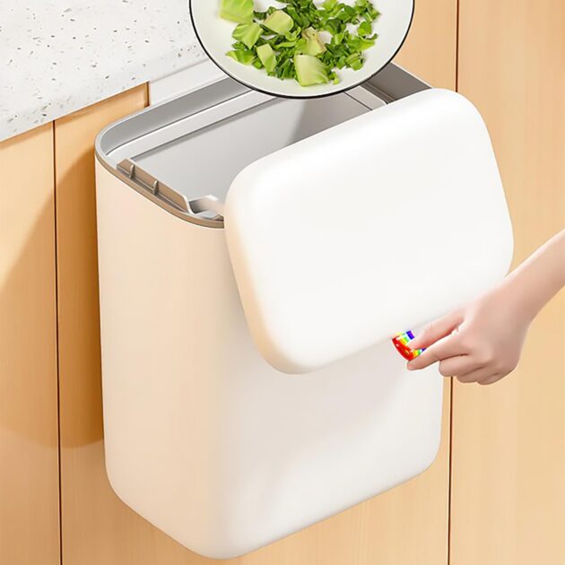 12.5L Kitchen Trash Bin with Sliding Lid - Hanging Compost Bin for Cabinet Door, Under Sink, Bathroom, Bedroom & Office – Durable ABS - Odor-Sealing - Small Trash Can - White Grey - Image 3