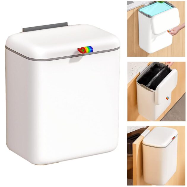 12.5L Kitchen Trash Bin with Sliding Lid - Hanging Compost Bin for Cabinet Door, Under Sink, Bathroom, Bedroom & Office – Durable ABS - Odor-Sealing - Small Trash Can - White Grey