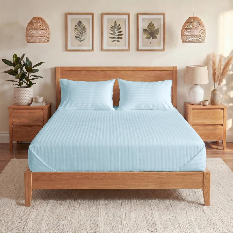 Bedsheet Set | Striped Luxe | 100% Cotton King Size Bedsheet + 2 Pillow Cases | 300TC