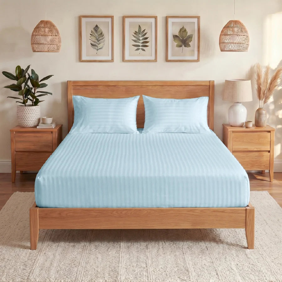 Fitted Bedsheet Set | Striped Luxe | 100% Cotton Bedsheet + 2 Pillow Cases [Sizes: King Bedsheets & Queen/ Double Bedsheets] | 300TC