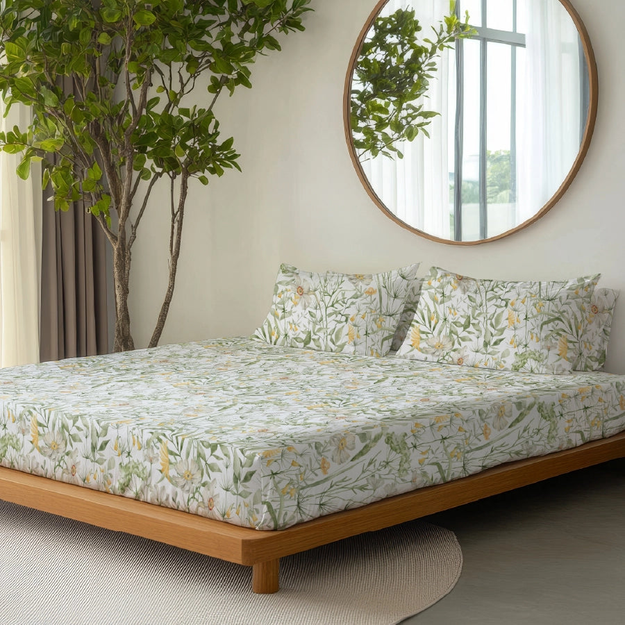 Fitted Bedsheet Set | Aquarelle Garden | 100% Cotton Bedsheet + 2 Pillow Cases [Sizes: King Bedsheets & Queen/ Double Bedsheets]