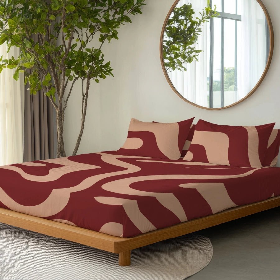 Bedsheet Set | Wavy Art Bold Lines | 100% Cotton King Size Bedsheet + 2 Pillow Cases