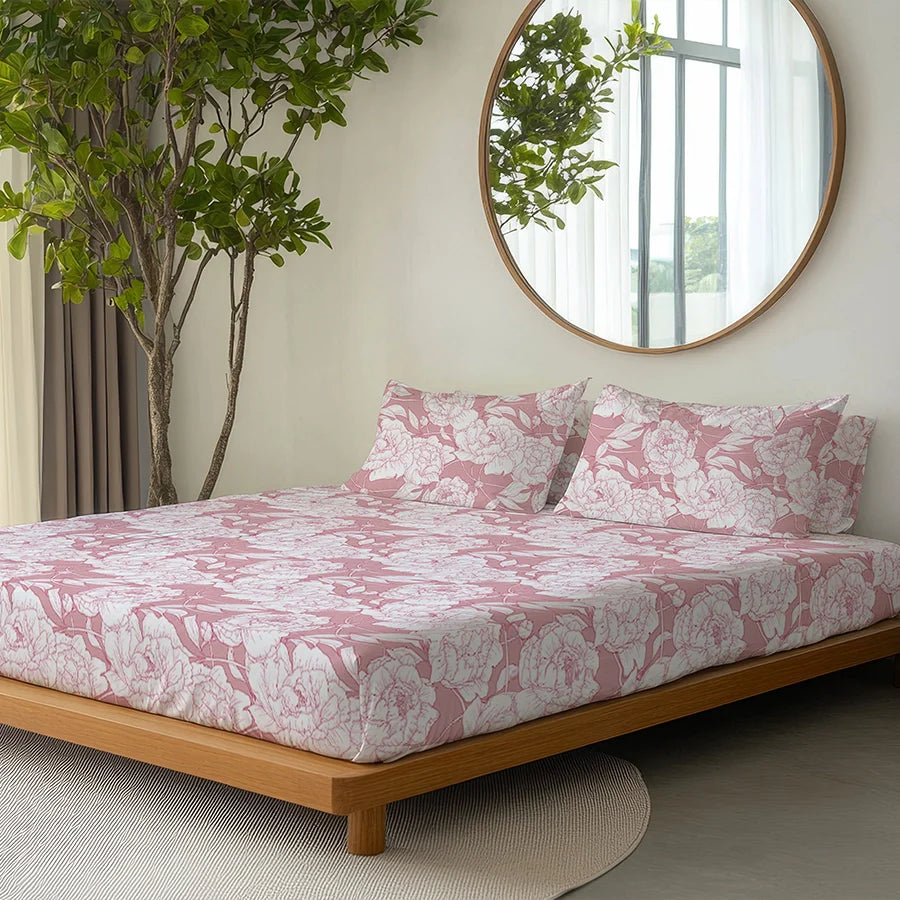 Bedsheet Set | Bloomful Pink | 100% Cotton Single Size Bedsheet with 1 Pillow Case