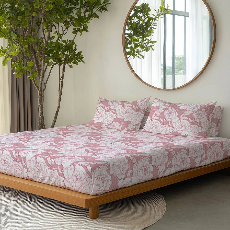 Bedsheet Set | Bloomful Pink | 100% Cotton King Size Bedsheet + 2 Pillow Cases