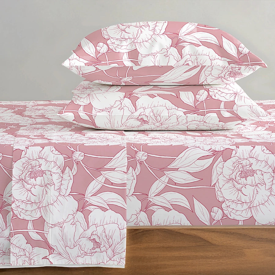 Bedsheet Set | Bloomful Pink | 100% Cotton King Size Bedsheet + 2 Pillow Cases