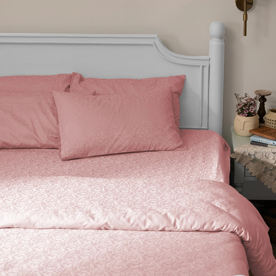 Bedsheet Set | Blooming Coral Jacquard | 100% Cotton King Size Bedsheet + 2 Pillow Cases | 300TC