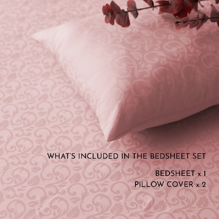 Bedsheet Set | Blooming Coral Jacquard | 100% Cotton King Size Bedsheet + 2 Pillow Cases | 300TC