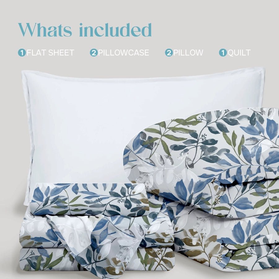 Comfort Bundle | Bedsheet Set with Quilt & Pillows | Blooming Rowan Leaves