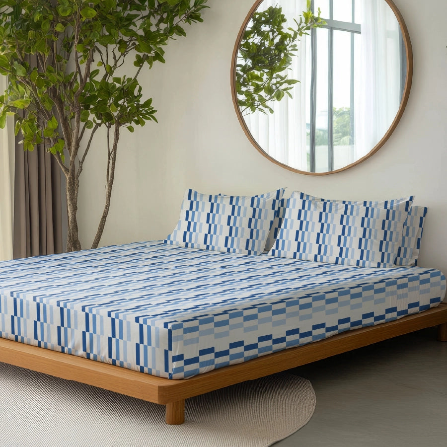Fitted Bedsheet Set | Color Blocks | 100% Cotton Bedsheet + 2 Pillow Cases [Sizes: King Bedsheets & Queen/ Double Bedsheets]