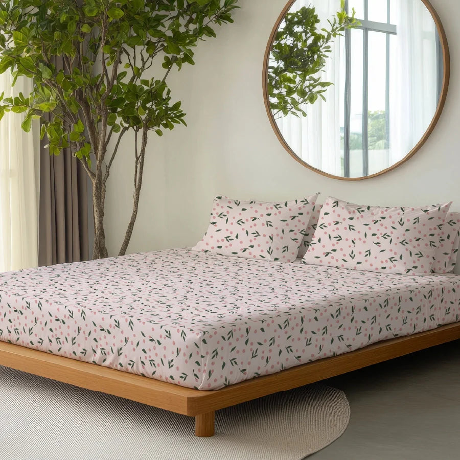 Bedsheet Set | Olive Grove Soft Pink | 100% Cotton Single Size Bedsheet with 1 Pillow Case