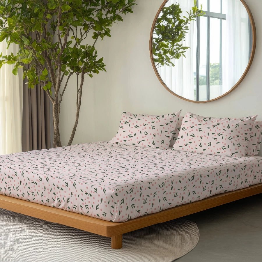 Fitted Bedsheet Set | Olive Grove Soft Pink | 100% Cotton Bedsheet + 2 Pillow Cases [Sizes: King Bedsheets & Queen/ Double Bedsheets]