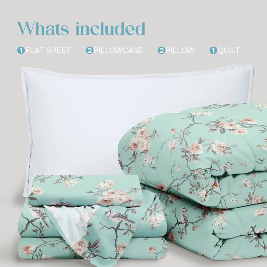 Comfort Bundle | Bedsheet Set with Quilt & Pillows | Cherry Blossom
