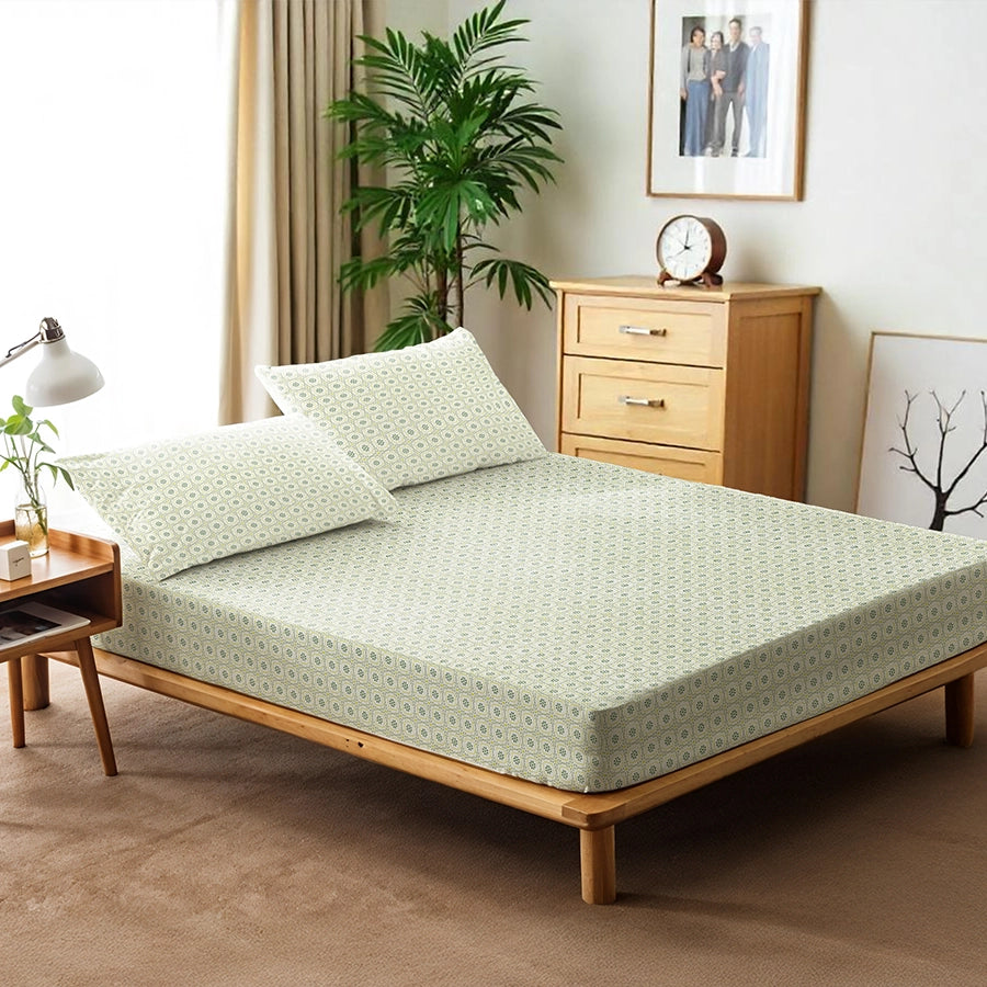 Fitted Bedsheet Set | Lemon Ridge | 100% Cotton Bedsheet + 2 Pillow Cases [Sizes: King Bedsheets & Queen/ Double Bedsheets]