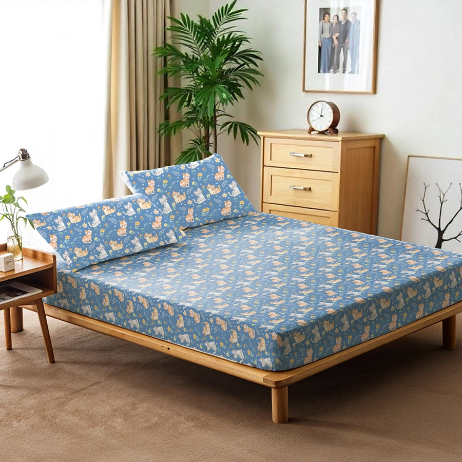 Fitted Bedsheet Set | Cutie Cats | 100% Cotton Bedsheet + 2 Pillow Cases [Sizes: King Bedsheets & Queen/ Double Bedsheets]