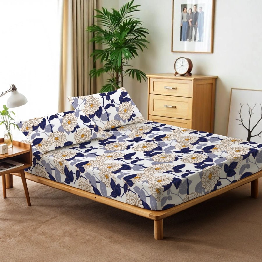 Bedsheet Set | Dahlia Range Dark Blue | 100% Cotton King Size Bedsheet + 2 Pillow Cases