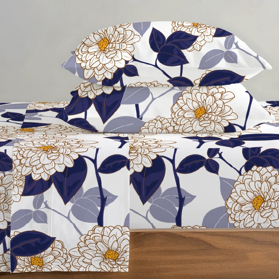 Bedsheet Set | Dahlia Range Dark Blue | 100% Cotton King Size Bedsheet + 2 Pillow Cases