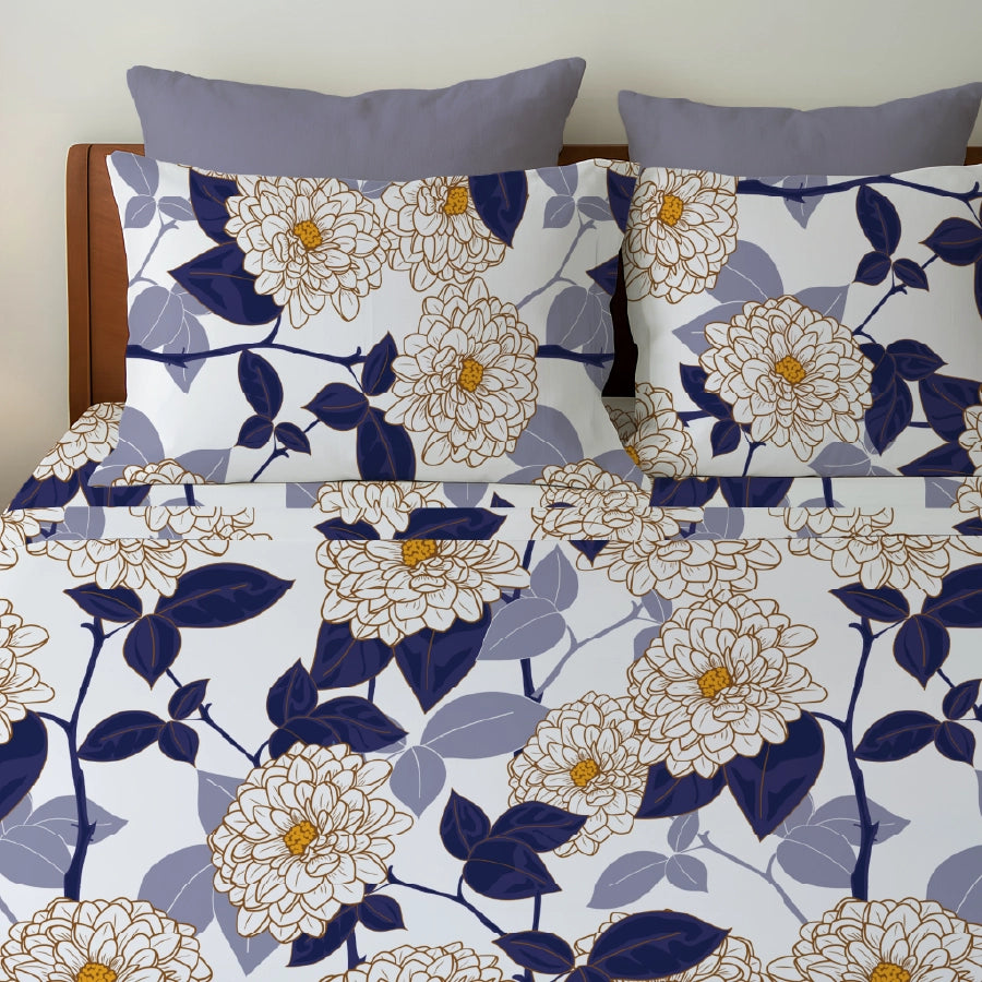 Bedsheet Set | Dahlia Range Dark Blue | 100% Cotton King Size Bedsheet + 2 Pillow Cases