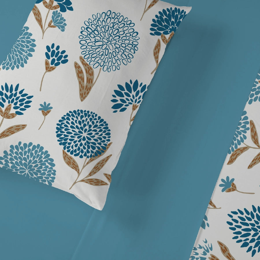 Bedsheet Set | Dahlia Range Light Blue | 100% Cotton King Size Bedsheet + 2 Pillow Cases