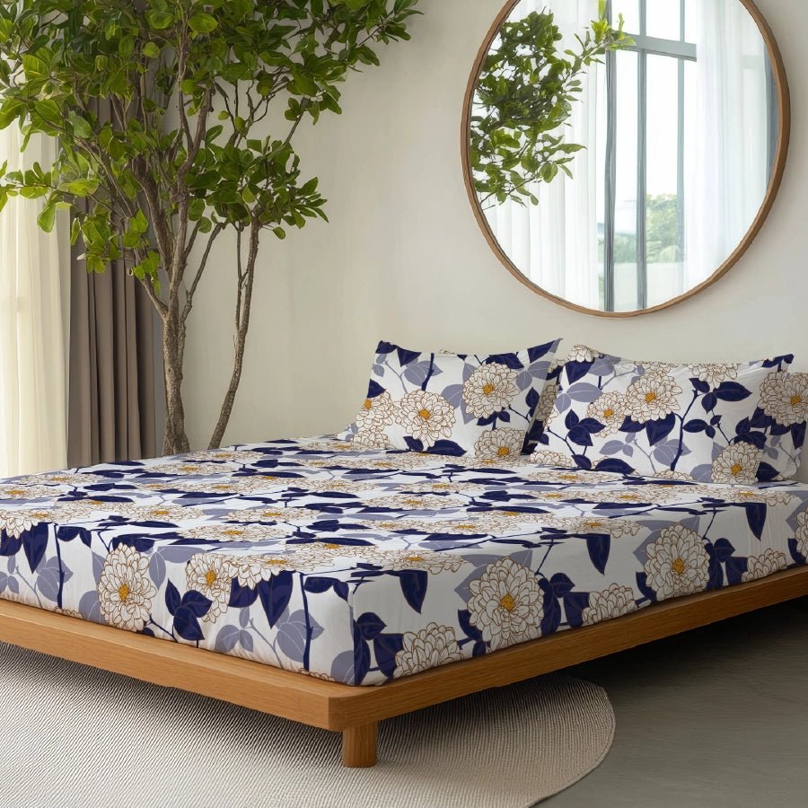 Fitted Bedsheet Set| Dahlia Range Dark Blue | 100% Cotton Bedsheet + 2 Pillow Cases [Sizes: King Bedsheets & Queen/ Double Bedsheets]