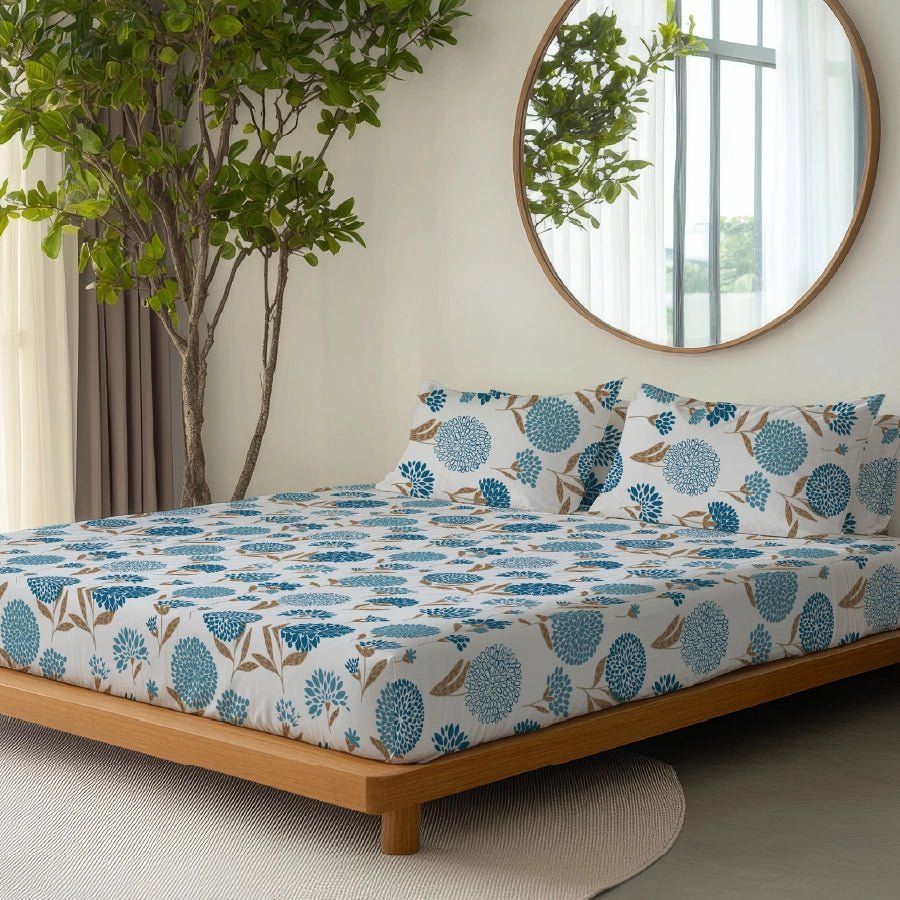 Bedsheet Set | Dahlia Range Light Blue | 100% Cotton King Size Bedsheet + 2 Pillow Cases