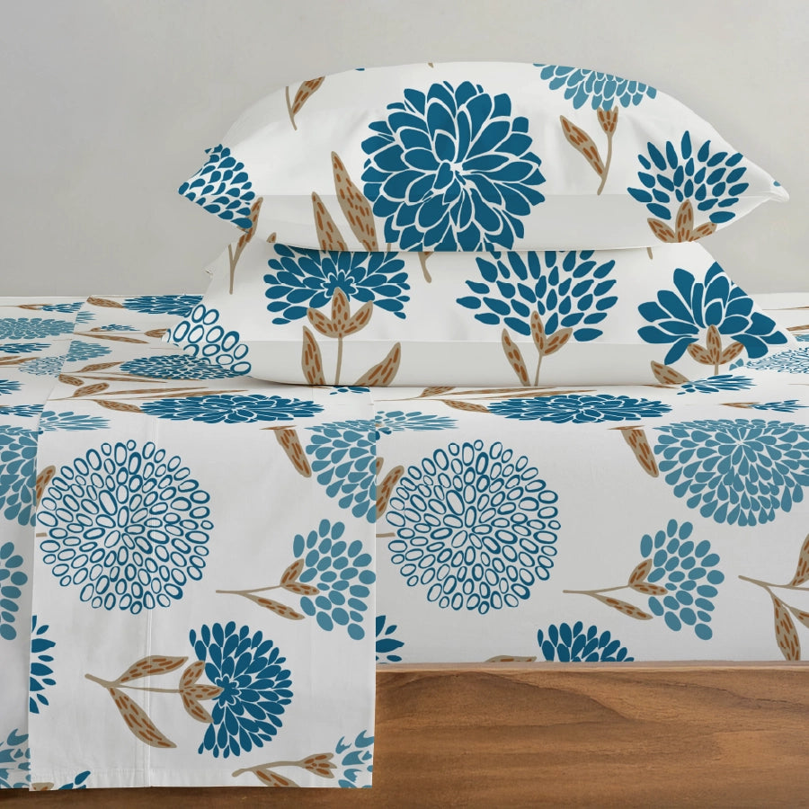 Bedsheet Set | Dahlia Range Light Blue | 100% Cotton King Size Bedsheet + 2 Pillow Cases