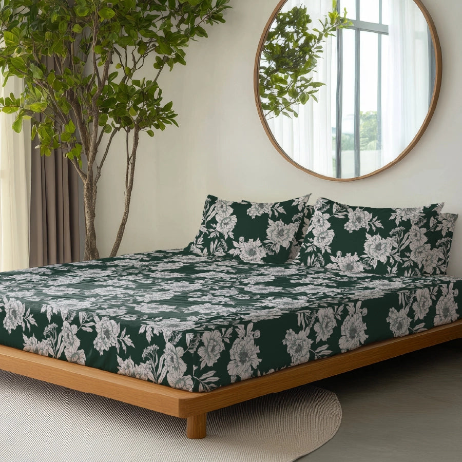 Fitted Bedsheet Set | Dreamy Flora | 100% Cotton Bedsheet + 2 Pillow Cases [Sizes: King Bedsheets & Queen/ Double Bedsheets]