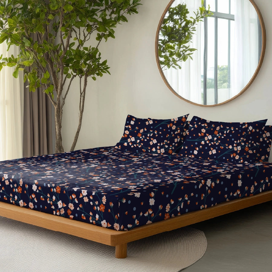 Bedsheet Set | Dusk Flora | 100% Cotton King Size Bedsheet + 2 Pillow Cases