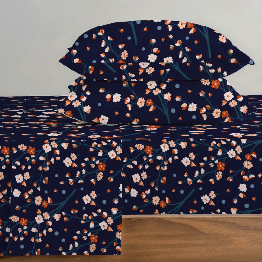 Fitted Bedsheet Set | Dusk Flora | 100% Cotton Bedsheet + 2 Pillow Cases [Sizes: King Bedsheets & Queen/ Double Bedsheets]