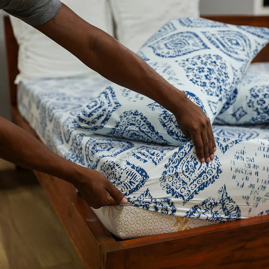 Fitted Bedsheet Set | Fishnet Motif | 100% Cotton Bedsheet + 2 Pillow Cases [Sizes: King Bedsheets & Queen/ Double Bedsheets]
