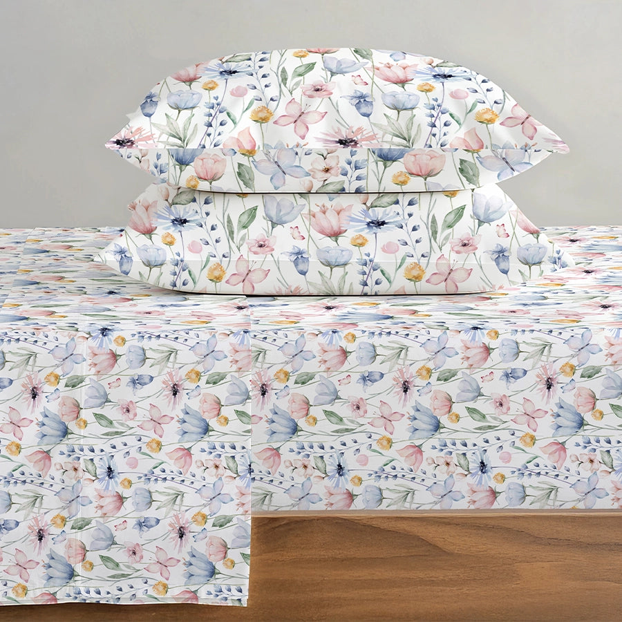 Fitted Bedsheet Set | Floral Mist | 100% Cotton Bedsheet + 2 Pillow Cases [Sizes: King Bedsheets & Queen/ Double Bedsheets]