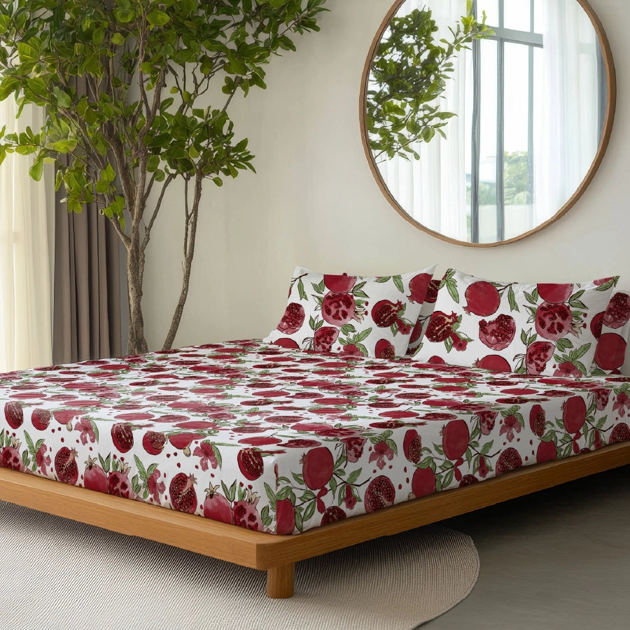 Bedsheet Set | Garnet Bloom White | 100% Cotton King Size Bedsheet + 2 Pillow Cases