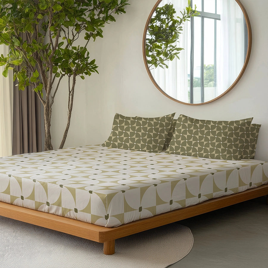 Bedsheet Set | Geo Floral | 100% Cotton King Size Bedsheet + 2 Pillow Cases