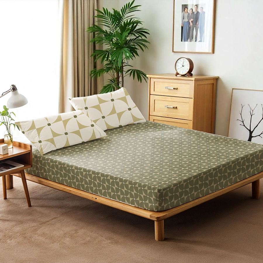 Fitted Bedsheet Set | Geo Floral | 100% Cotton Bedsheet + 2 Pillow Cases [Sizes: King Bedsheets & Queen/ Double Bedsheets]
