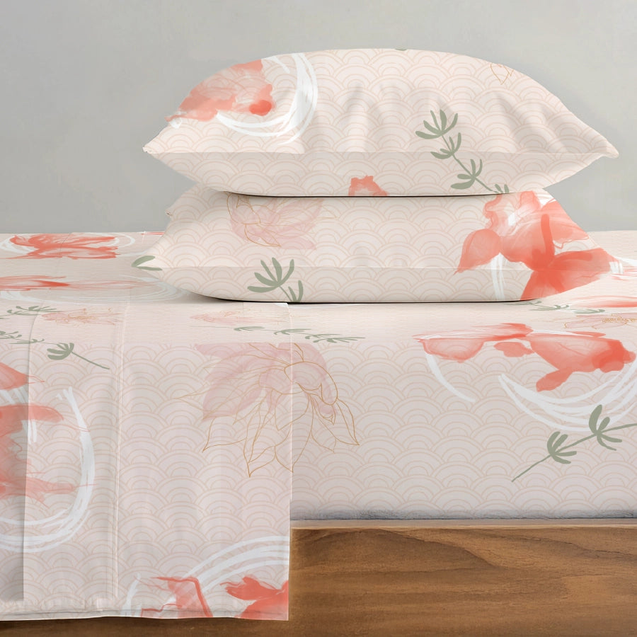 Fitted Bedsheet Set | Koi Fish | 100% Cotton Bedsheet + 2 Pillow Cases [Sizes: King Bedsheets & Queen/ Double Bedsheets]