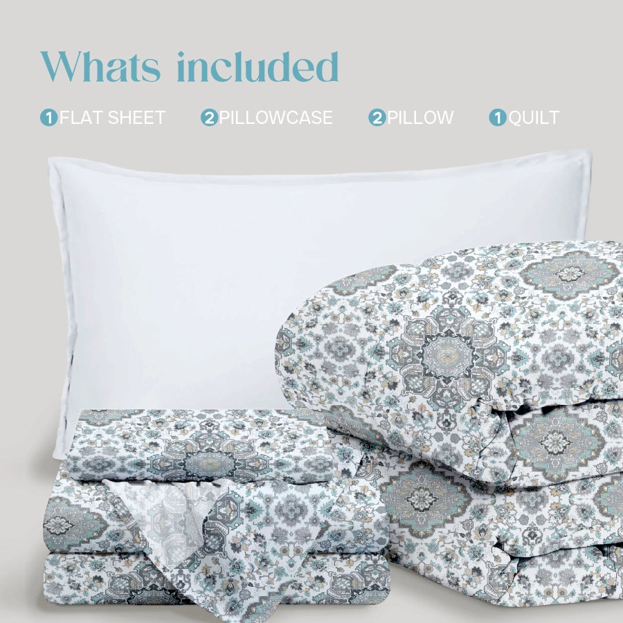 Comfort Bundle | Bedsheet Set with Quilt & Pillows | Medallion Earth