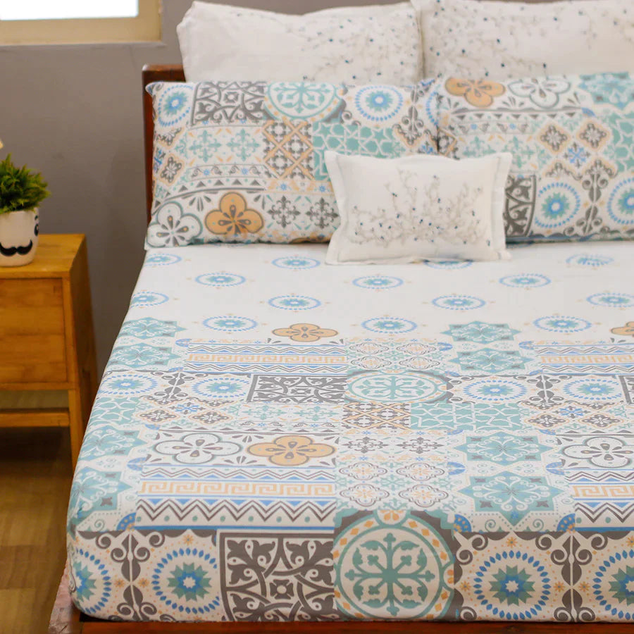 Bedsheet Set | Morocco Tiles | 100% Cotton King Size Bedsheet + 2 Pillow Cases