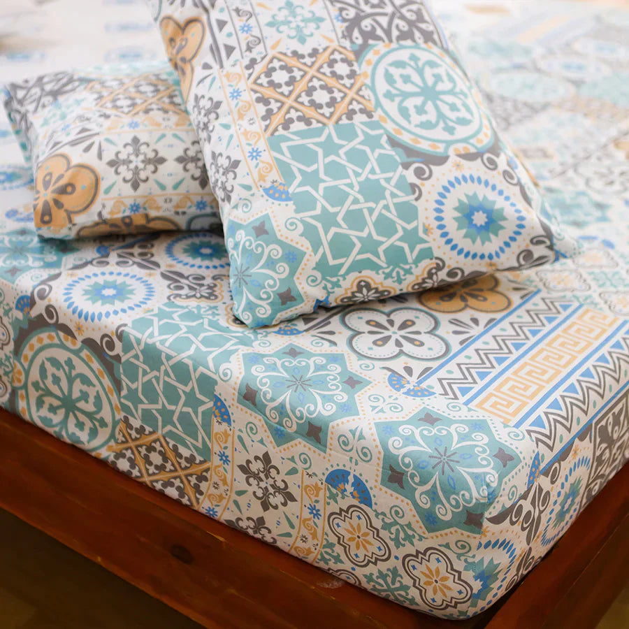 Bedsheet Set | Morocco Tiles | 100% Cotton King Size Bedsheet + 2 Pillow Cases