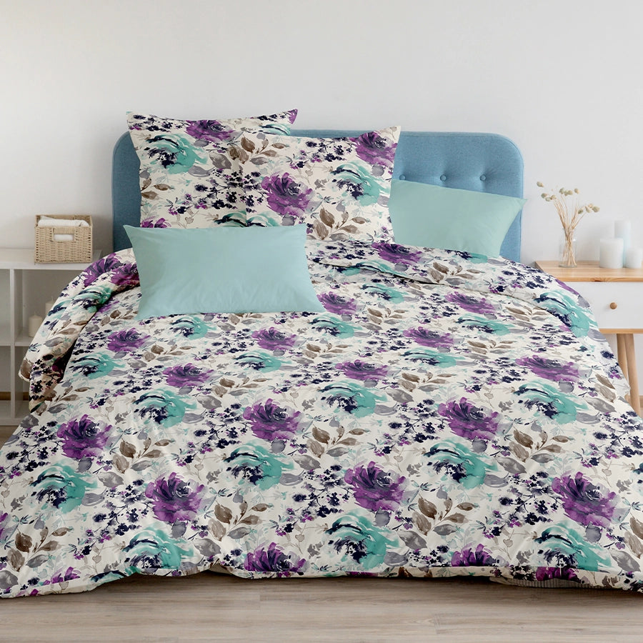 Bedding Bundle | Peonies Wisteria Purple | 100% Cotton Fitted Bedsheet Set with Duvet Cover
