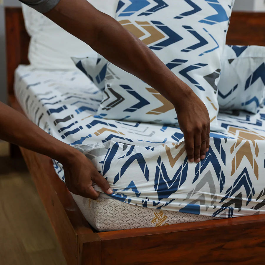 Fitted Bedsheet Set | Pastel Herringbone | 100% Cotton Bedsheet + 2 Pillow Cases [Sizes: King Bedsheets & Queen/ Double Bedsheets]