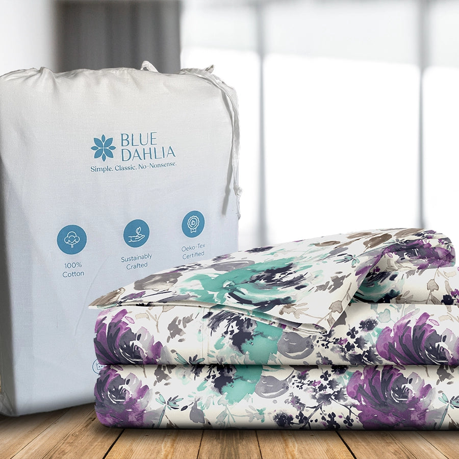 Bedsheet Set | Peonies Wisteria Purple | 100% Cotton King Size Bedsheet + 2 Pillow Cases