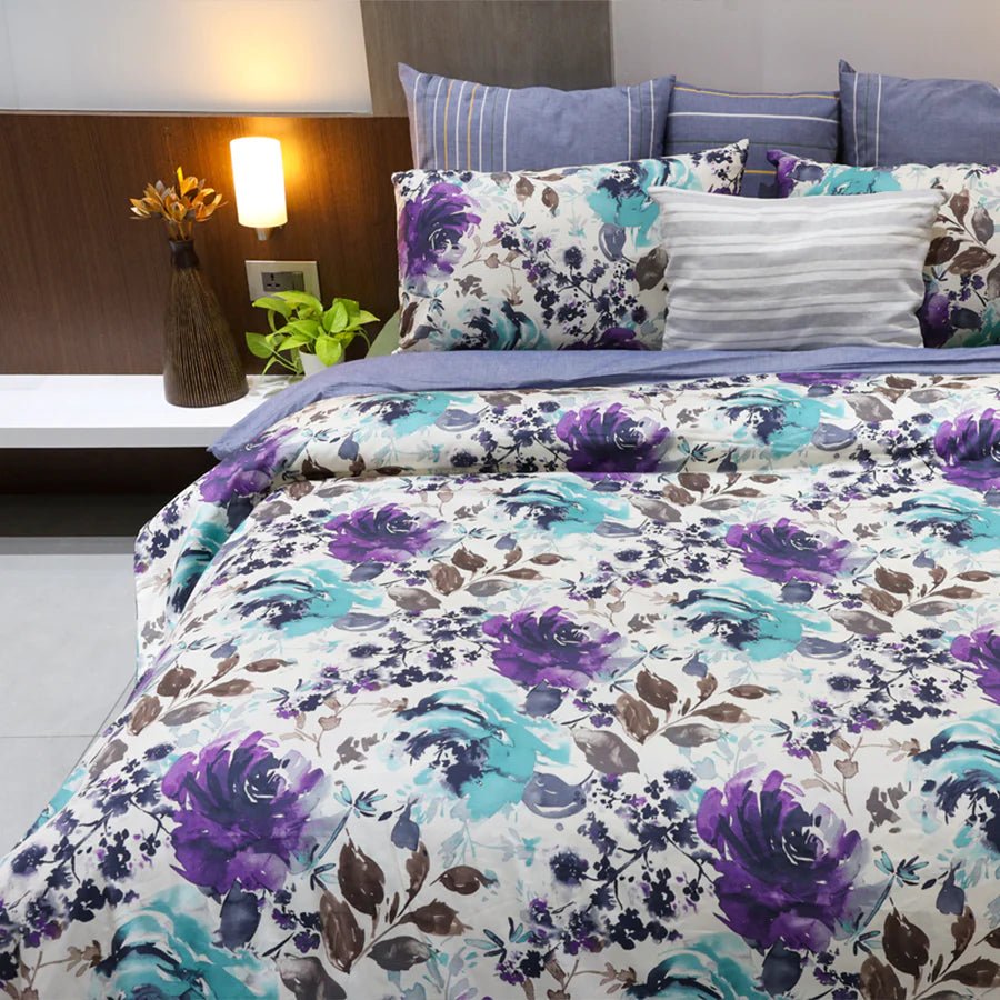 Bedding Bundle | Peonies Wisteria Purple | 100% Cotton Fitted Bedsheet Set with Duvet Cover