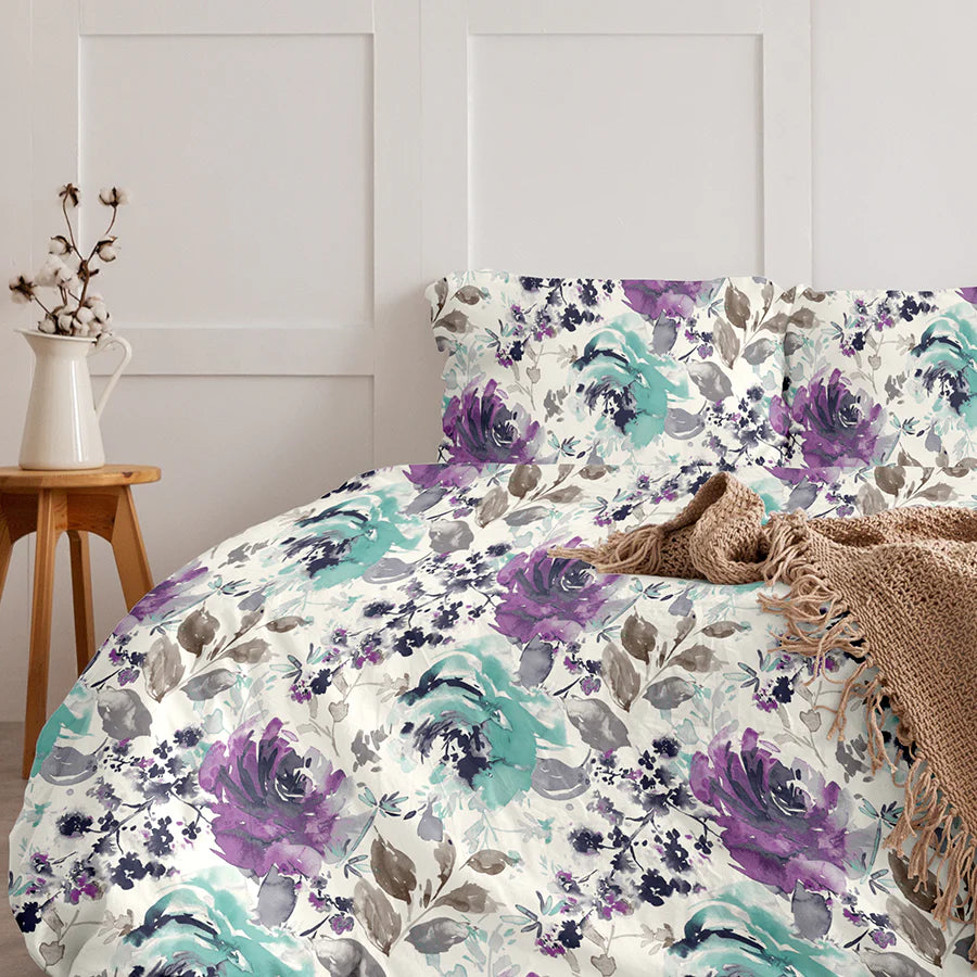 Bedsheet Set | Peonies Wisteria Purple | 100% Cotton King Size Bedsheet + 2 Pillow Cases