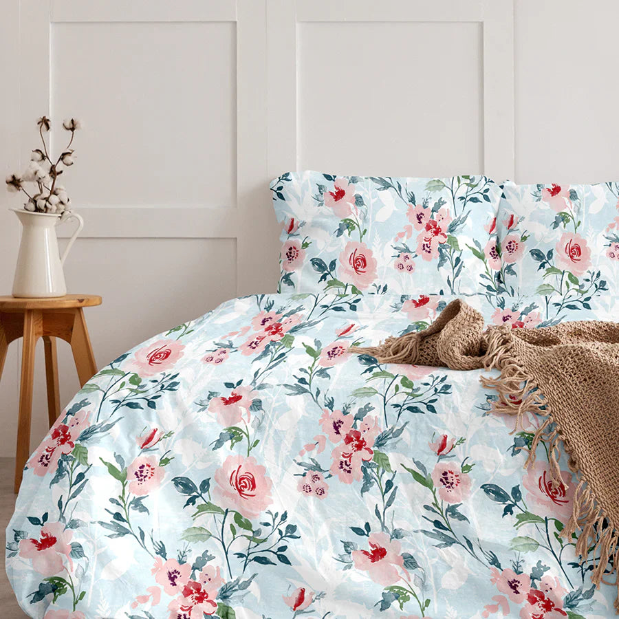 Bedsheet Set | Soft Camellias | 100% Cotton Single Size Bedsheet with 1 Pillow Case