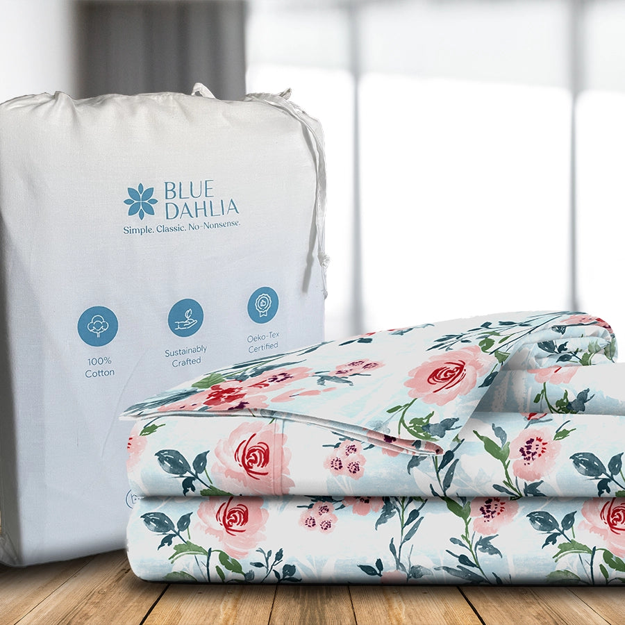 Bedsheet Set | Soft Camellias | 100% Cotton King Size Bedsheet + 2 Pillow Cases