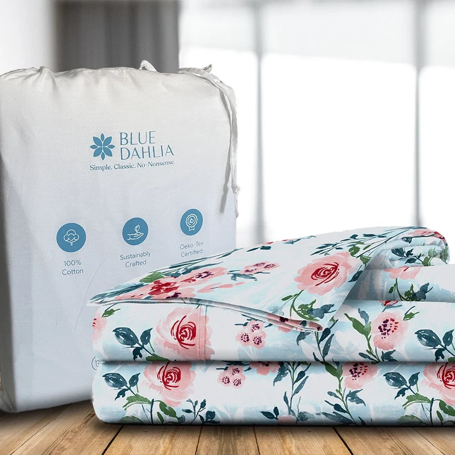 Bedding Bundle | Soft Camellias | 100% Cotton Fitted Bedsheet Set with Duvet Cover