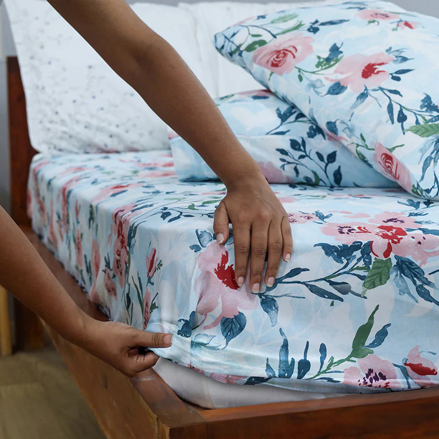 Fitted Bedsheet Set | Soft Camellias | 100% Cotton Bedsheet + 2 Pillow Cases [Sizes: King Bedsheets & Queen/ Double Bedsheets]