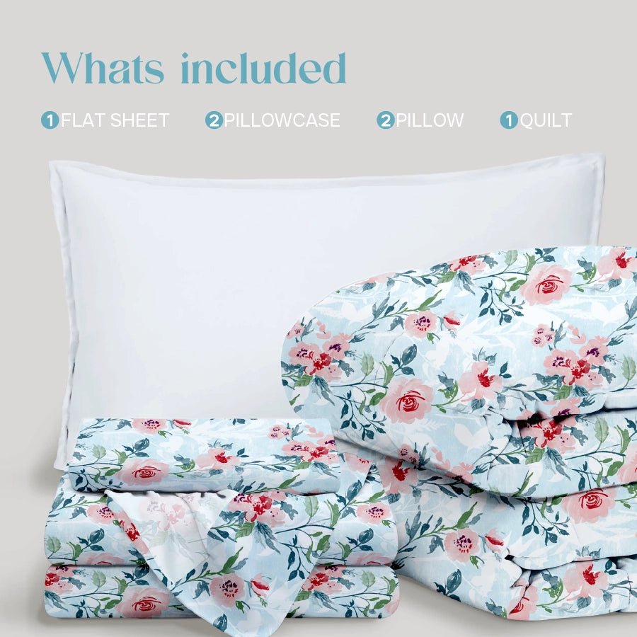 Comfort Bundle | Bedsheet Set with Quilt & Pillows | Soft Camellias