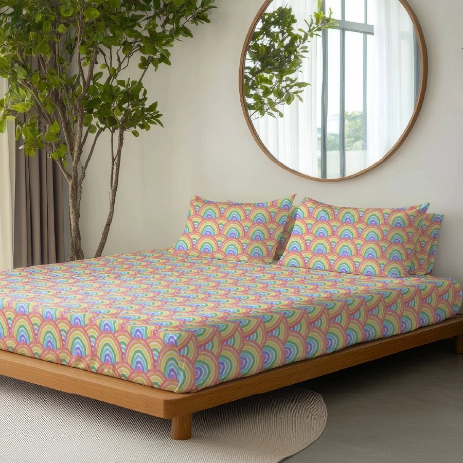 Fitted Bedsheet Set | Sunbeam Smiles | 100% Cotton Bedsheet + 2 Pillow Cases [Sizes: King Bedsheets & Queen/ Double Bedsheets]