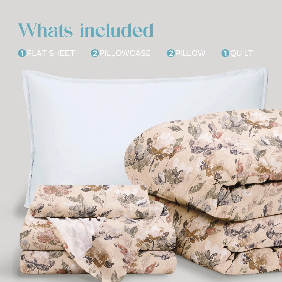 Comfort Bundle | Bedsheet Set with Quilt & Pillows | Vintage Rustic Flowers